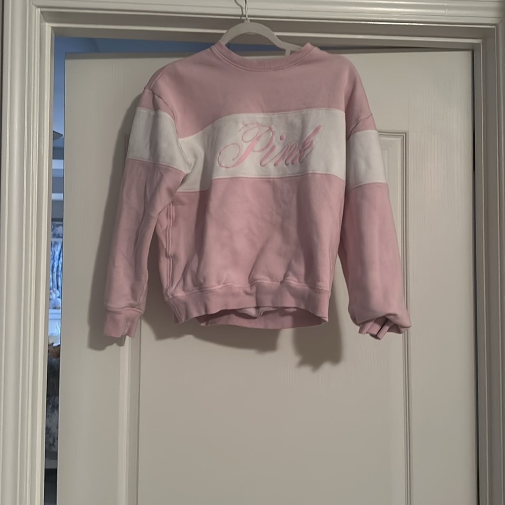 PINK Victoria's Secret Pink and White Colorblock Crewneck Sweatshirt - Picture 2 of 3
